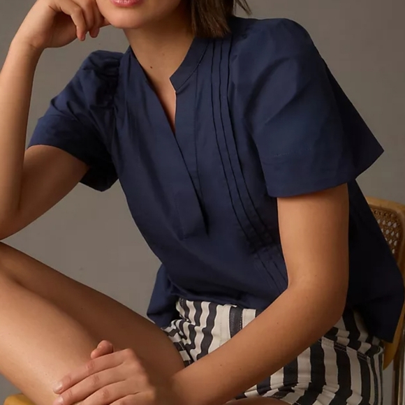Maeve Tops - Maeve By Anthro Navy Blue Women's Poplin Pintuck Blouse Size 1X